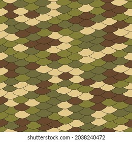 Seamless pattern. Realistic imitation of scales of fish. Green khaki camouflage scales with black lines background. Animal print.