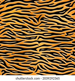 Seamless pattern. Realistic imitation of skin of tiger. Black stripes on orange and yellow background. Animal print.