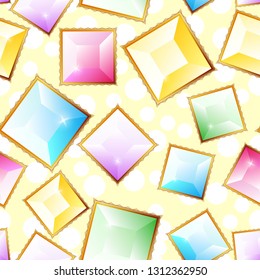 Seamless pattern. Realistic jewels on light background. Shimmer stones top view. Luxury elements. Shining gemstones collection. Colorful gems concept.Eps10 Vector
