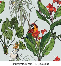 Seamless Pattern Realistic Jungle Plants Tropical Palm Leaves with Dragon Tree and Exotic Birds Parrot Cockatoo and Red Canna Flower on Blue Background