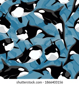 Seamless pattern. Realistic killer whale. Orcinus orca. Aquatic animals of the Arctic and Antarctic regions. Vector illustration