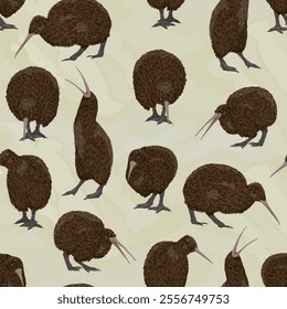 Seamless pattern with realistic Kiwi birds. Kiwi birds stand, look for food and scream. Endemic of New Zealand. Vector animal