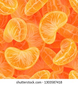 Seamless pattern of realistic mandarin or tangerine slices. Repeatable texture made of 3d peeled citrus segments. Orange sections. Photorealistic vector illustration