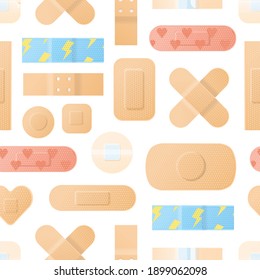 Seamless pattern with realistic medical plaster of various shapes. Repeatable background with different elastic band aids. First aid bandages. Flat vector cartoon illustration