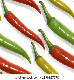 Seamless pattern with realistic mexican hot pepper chili of red, yellow and green colors, background for banner, textiles, wrapping paper and other and designs. Vector eps 10 illustration.