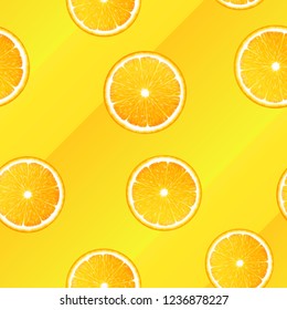 Seamless pattern of realistic orange slices on a yellow background