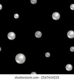 seamless pattern with realistic pearls of different size isolated on the black  background. 3d illustration.