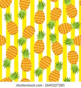 Seamless pattern of realistic pineapples on a background of vertical stripes of yellow and white