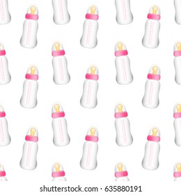 Seamless pattern from realistic pink baby bottles. Vector illustration