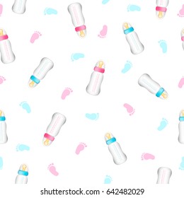 Seamless pattern from realistic pink and blue baby bottles, foot.  White background. Vector illustration.