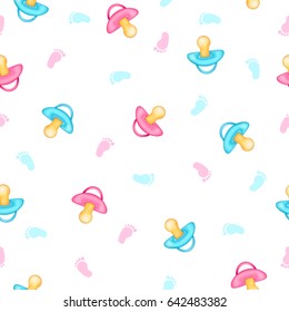 Seamless pattern from realistic pink and blue pacifiers, baby foot. White background. Vector illustration. 