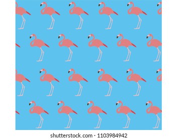 Seamless pattern with realistic pink flamingos, isolated on a blue background. A tropical bird. Summer bird. Vector illustration EPS 10.