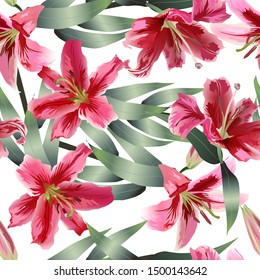 Seamless pattern of realistic pink lilies on green stems with leaves on a white background. Vector illustration