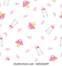 Seamless pattern from realistic pink pacifiers, baby bottles, foot. White background. Vector illustration.