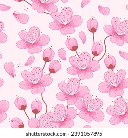 Seamless pattern with realistic pink sakura flower on branches. Japanese blooming cherry. Background symbolizing spring mood.