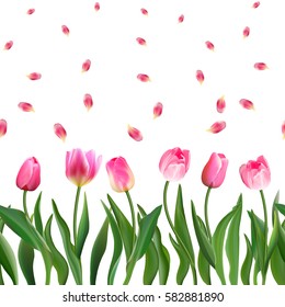 Seamless pattern with realistic pink tulips flowers and petals. Vector illustration. Ornament for fabric, wallpaper, postcards, cards, etc.