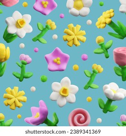 Seamless pattern with realistic plasticine spring flowers. 3D clay texture beautiful tulip, chamomile, daffodil with leaves. Dough craft sculpting creation. Vector blossom floral design