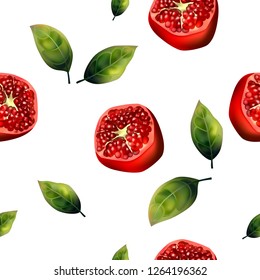 Seamless pattern of realistic pomegranate and leaves on a white background