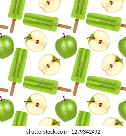 Seamless pattern, with realistic popsicles, Pattern with Green fruit ice creams and ripe apples. Can be used in food industry for wallpapers, posters, wrapping paper. Vector Eps10 illustration