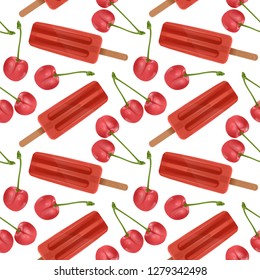 Seamless pattern, with realistic popsicles, Pattern with Red fruit ice creams and ripe cherries. Can be used in food industry for wallpapers, posters, wrapping paper. Vector Eps10 illustration