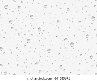 Seamless pattern realistic pure water rain drops or steam shower for your design. Vector clear water bubbles on window glass surface isolated on white background