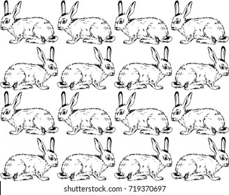 Seamless pattern with realistic rabbits. Black and white.