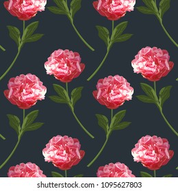 Seamless pattern with realistic red peony flowers on black blue background. Vector isolated herbaceous colorful showy plant. Illustration for prints, cards, invitation.