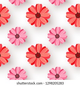 Seamless pattern with realistic red and pink flowers isolated on white. Background for festive decor, wrapping paper, print, textile, fabric, wallpaper.