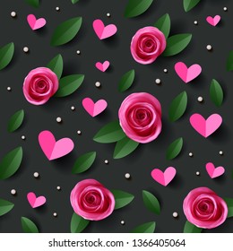 Seamless pattern with realistic red roses paper hearts and pearls