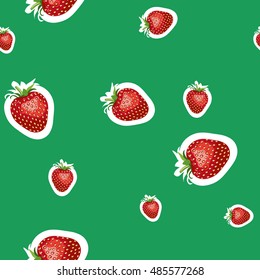 Seamless pattern of realistic ripe strawberries different sizes. Green background