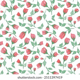 patrón sin fisuras de flores y hojas de rosa realistas. capullos de rosa de acuarela Diseño para fondos, Fondos de pantalla, cubiertas y envases.