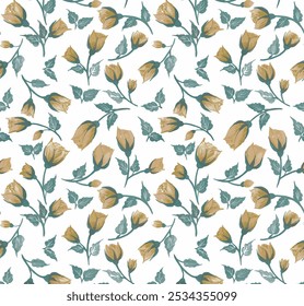 Nahtloses Muster aus realistischen Rosenblumen mit tropischen Blättern. Aquarell Rosenknospen Muster. Design für Hintergründe, Tapeten, Umschläge und Verpackungen