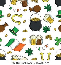 Patrón sin foco con elementos realistas del día de San Patricio: trébol verde, bandera de Irlanda, cuerda con banderas, bolsa con dinero, monedas de oro. Mugs de cerveza, herradura, cauldron vectorial ilustración