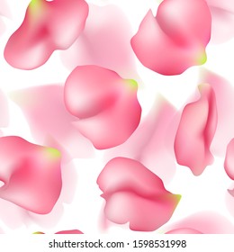 Seamless pattern of realistic sakura flower petals. Falling pink sakura petals and blurred transparent elements on white. Vector design with spring cherry blossom for valentines day, wedding, birthday