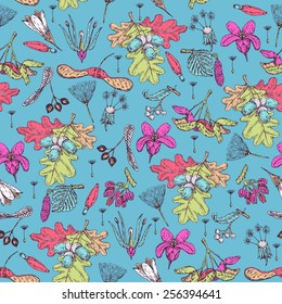 Seamless pattern with realistic seeds, plants, flowers in doodle design. Hipster style. Vintage background