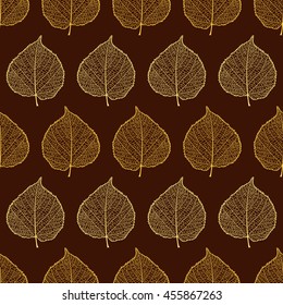 Seamless pattern with realistic silhouettes of linden leaves. Colorful leaves on a brown background
