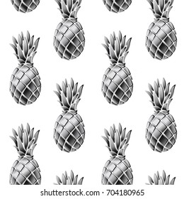 Seamless pattern with realistic silver pineapple. 3 d style vector illustration