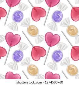 Seamless pattern with realistic sweets, colorful fruit lollipops of shape of hearts. Can be used in food industry for wallpapers, posters, wrapping paper. Vector Eps10 illustration