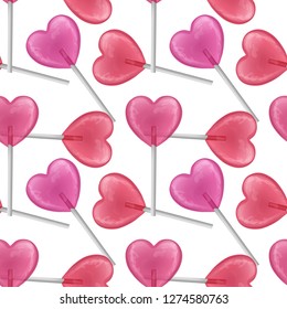 Seamless pattern with realistic sweets, colorful fruit lollipops of shape of hearts. Can be used in food industry for wallpapers, posters, wrapping paper. Vector Eps10 illustration