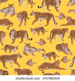 Seamless pattern. Realistic tiger Panthera tigris and cubs in different poses. The tiger stands, lies, goes, hunts. Animals of Asia. Panthera tigris. Vector animals