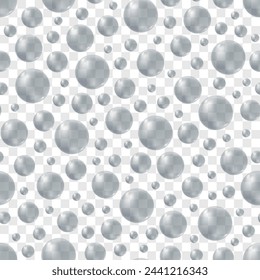 Seamless pattern of realistic transparent water drops or soap bubbles with color reflection. Vector background for abstract design, 3D balls, balloons, rain on glass, circles illustration.