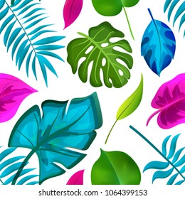 Seamless pattern of Realistic tropical leaves. Bright Summer floral fabric design. Vector illustration EPS 10 file.