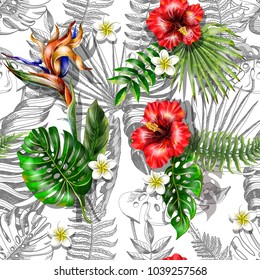 Patrón sin problemas con plantas tropicales realistas y flores y hojas gráficas.