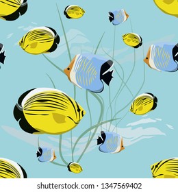 Seamless pattern. Realistic underwater world. Bright tropical fish and algae. Vector illustration