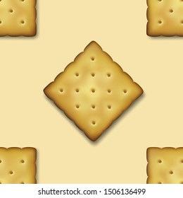 Seamless Pattern with Realistic Vector 3d Square Delicious Cookies Rustic, Cracker, Biscuit. Design Template of Sweet Cookie, Yummy Crackers, Breakfast Snack. Wallpaper, Packaging, Print for Textile