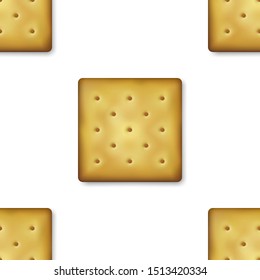 Seamless Pattern with Realistic Vector 3d Square Delicious Cookies Rustic, Cracker, Biscuit. Design Template of Sweet Cookie, Yummy Crackers, Breakfast Snack. Wallpaper, Packaging, Print for Textile