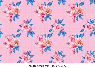 Seamless pattern realistic vector beautiful fresh pink roses with abstract trendy color blue leaves on pink background with square grid Repeating style illustration drawing watercolor floral wallpaper