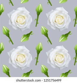Seamless pattern with Realistic white roses on grey background,Can be used for wallpapers, posters, wrapping paper. Vector illustration