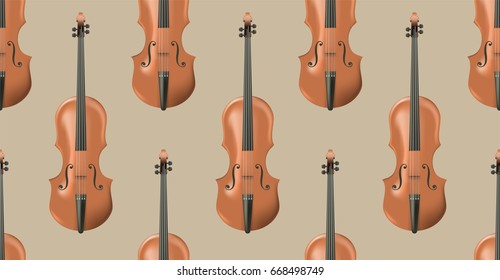 Seamless pattern with realistic wooden violin.