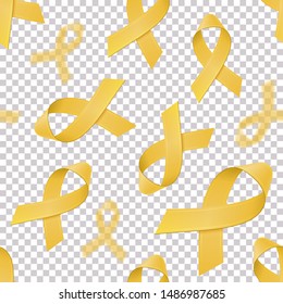 Seamless pattern with realistic Yellow ribbons on transparent background. Childhood Cancer Awareness symbol in September. Template for banner, poster, invitation, flyer. Vector illustration. EPS10